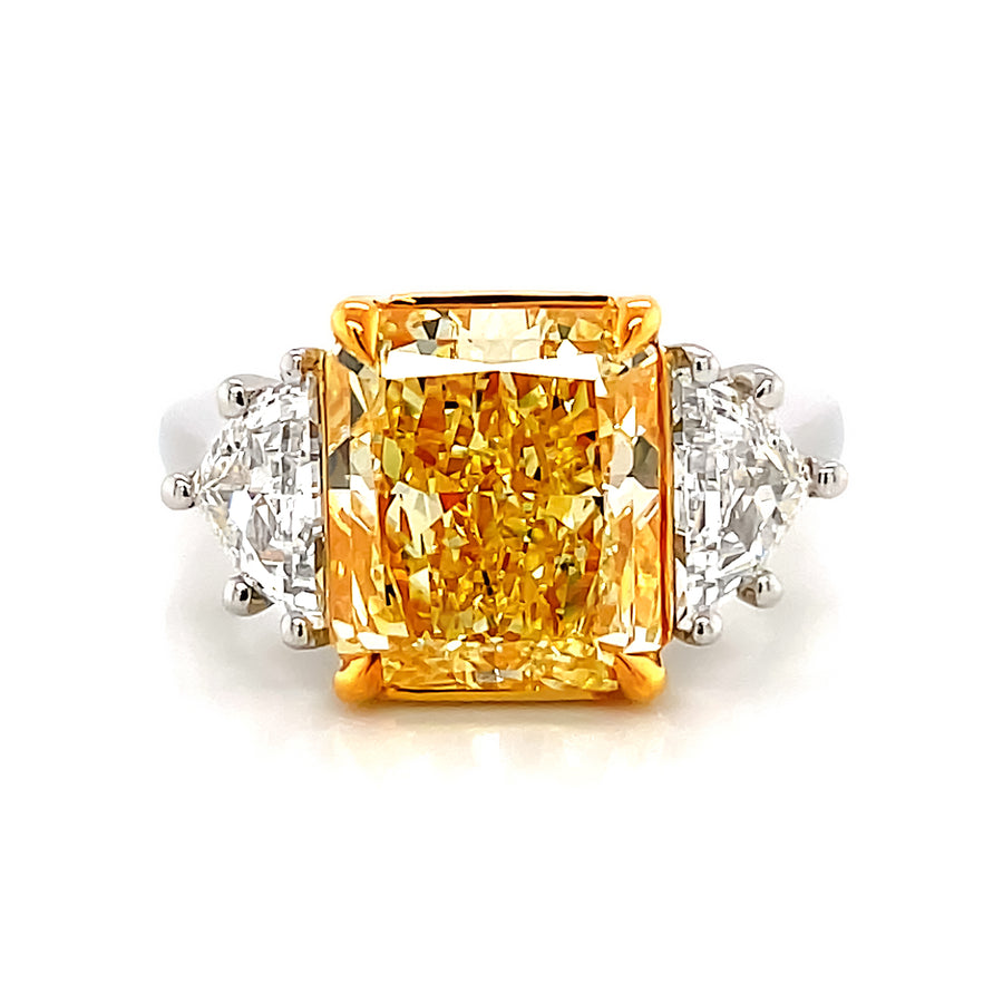 5.01 Ct Radiant Cut Fancy Yellow Diamond Ring with Side Stones