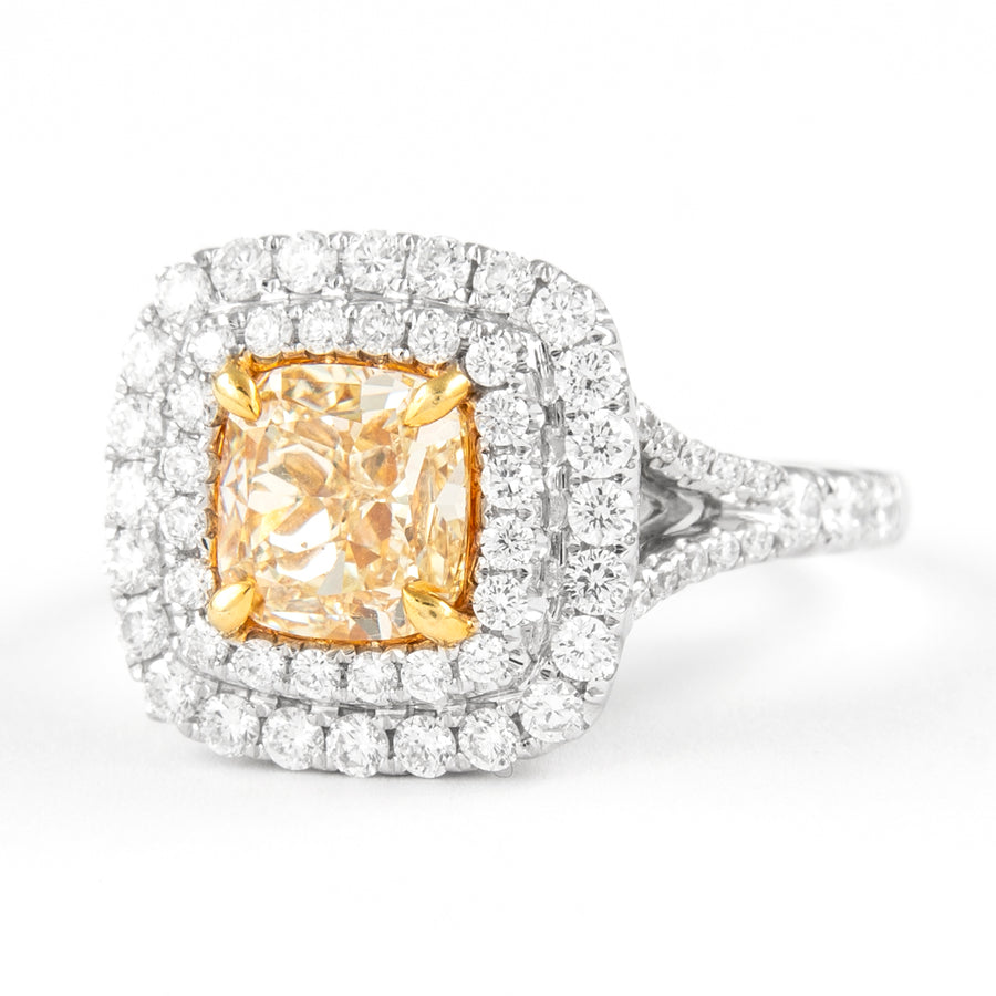 2.02ct Fancy Intense Yellow VS2 Diamond Double Halo Ring 18k Two Tone