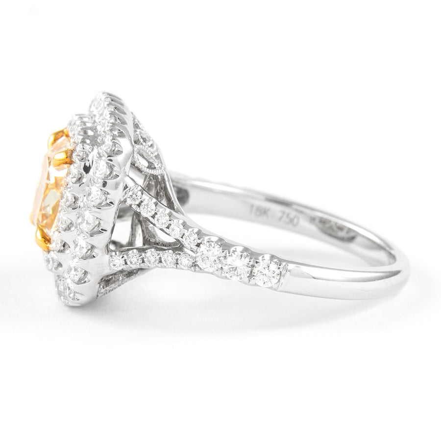 2.02ct Fancy Intense Yellow VS2 Diamond Double Halo Ring 18k Two Tone