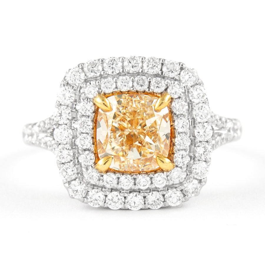 2.02ct Fancy Intense Yellow VS2 Diamond Double Halo Ring 18k Two Tone