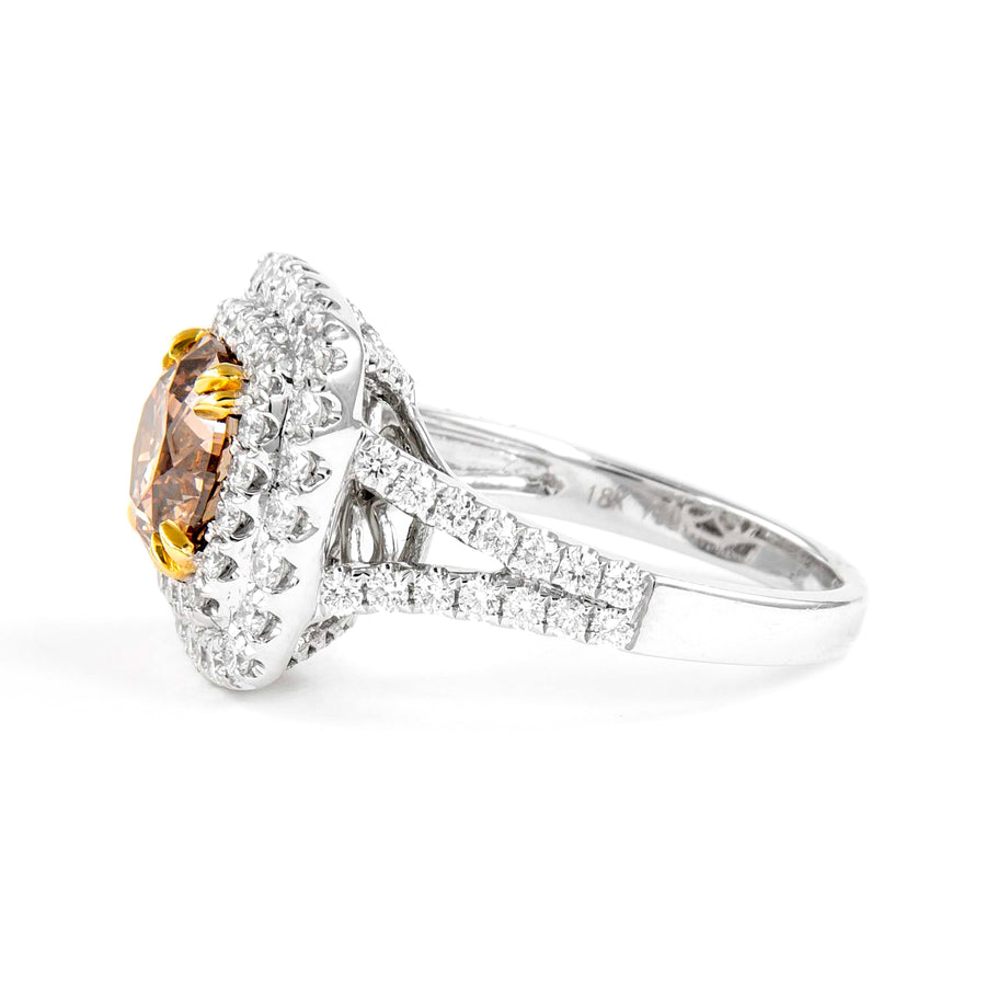 2.09 Ct Round Cut Fancy Brown Diamond Double Halo Ring