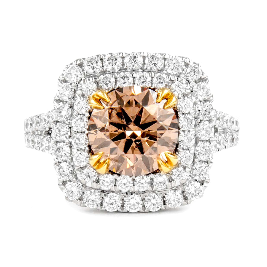 2.09 Ct Round Cut Fancy Brown Diamond Double Halo Ring