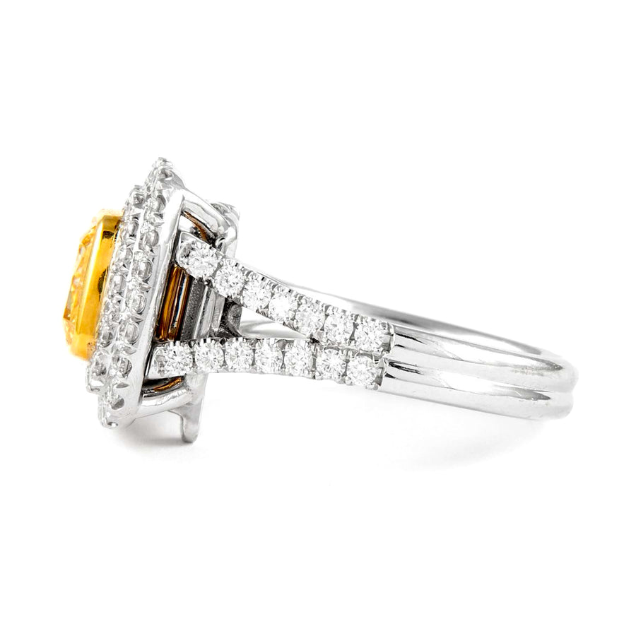 2.32 Ct Cushion Cut Fancy Yellow Diamond Double Halo Ring