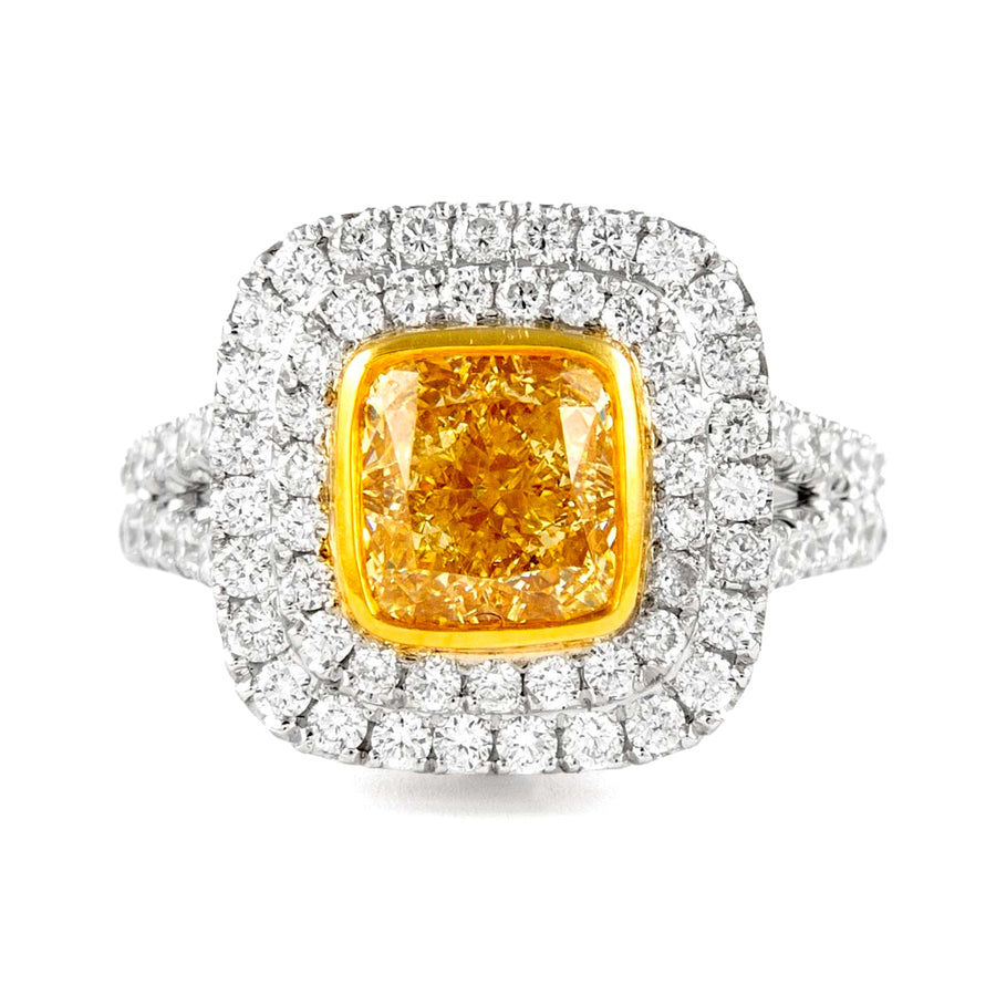 2.32 Ct Cushion Cut Fancy Yellow Diamond Double Halo Ring