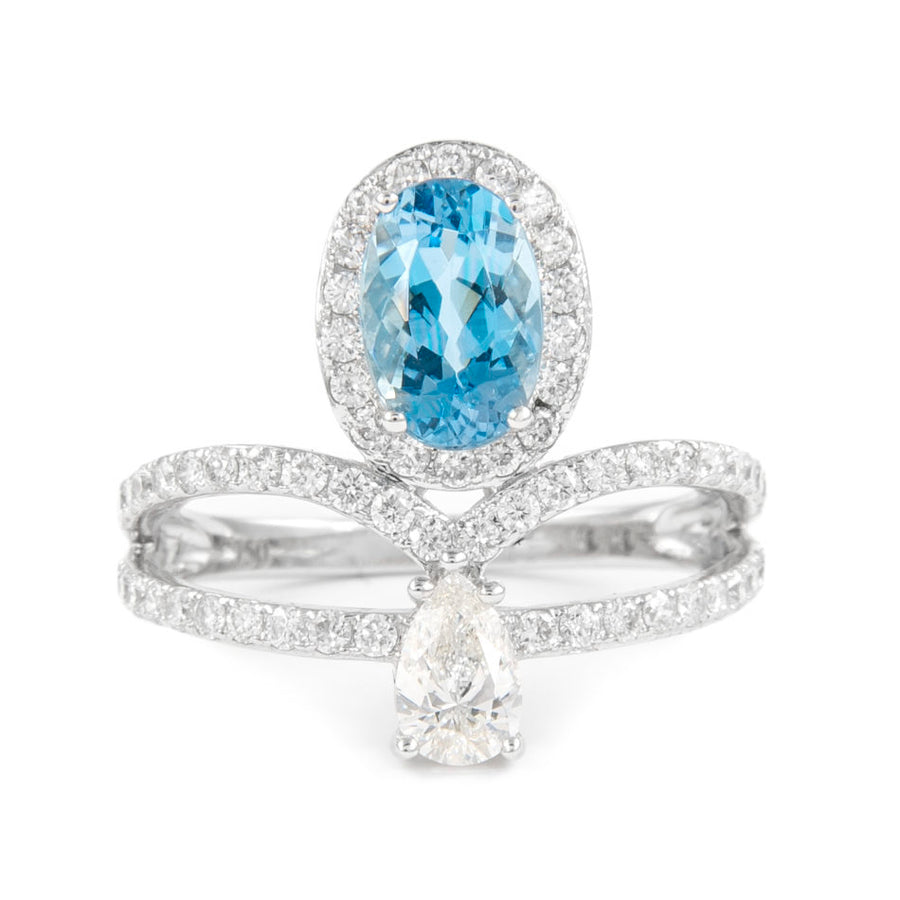 2.02ct Oval Aquamarine and Pear Diamond Ring 18k White Gold