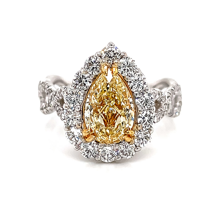 1.71 Ct Pear Shape Fancy Yellow Diamond Halo Ring