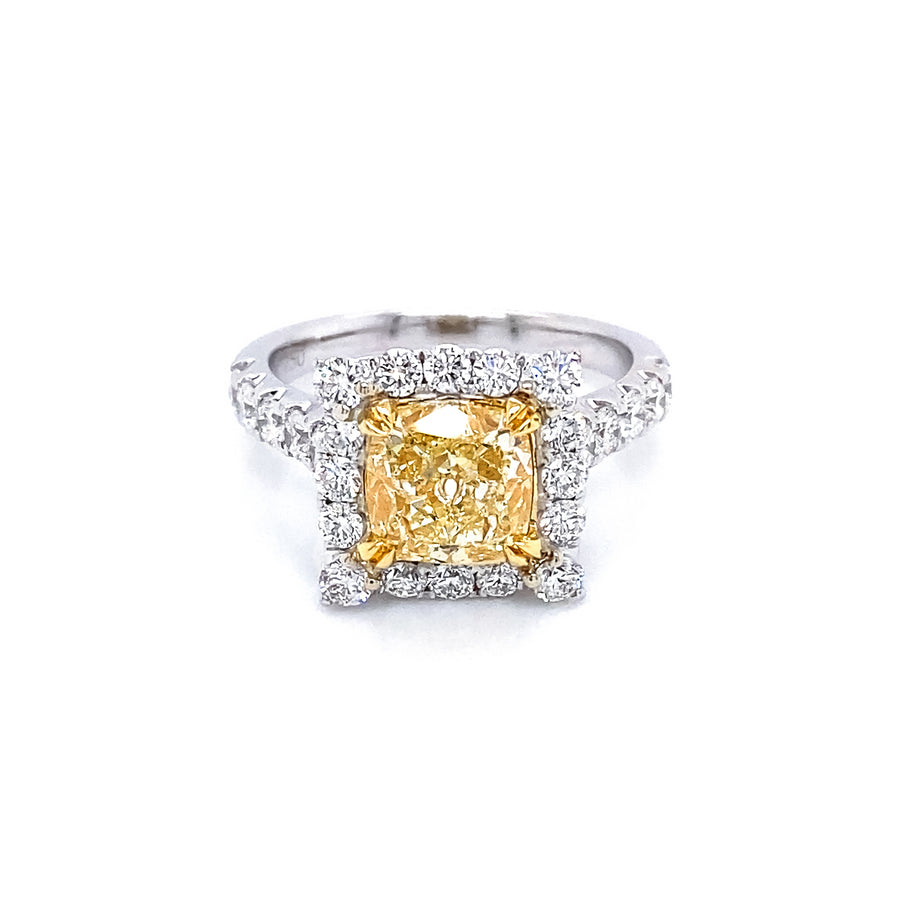 2.70 Ct Cushion Cut Fancy Yellow Diamond Halo Ring