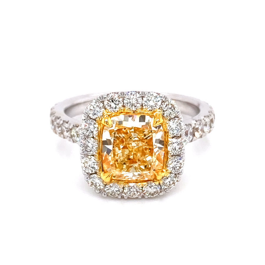 2.47 Ct Cushion Fancy Yellow Diamond Halo Ring