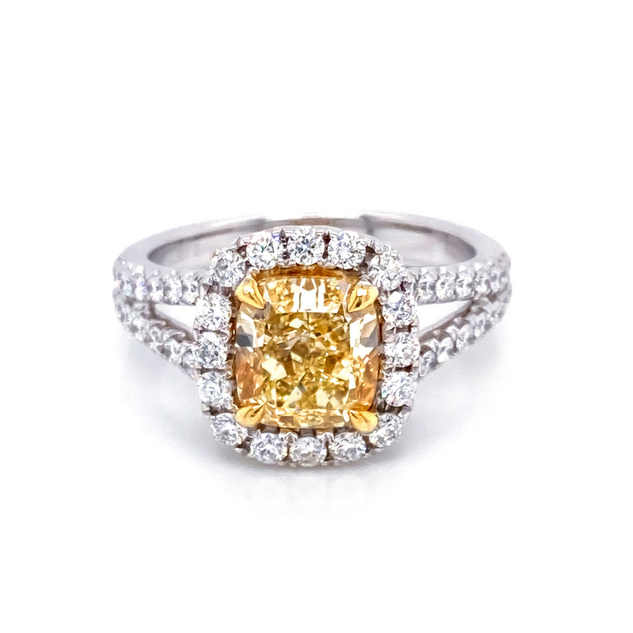 2.25 Ct Cushion Cut Fancy Yellow Diamond Halo Ring