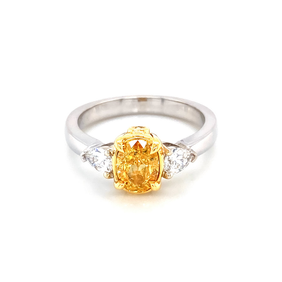 1.00 Ct Oval Cut Fancy Yellow Diamond Ring with Side Stones