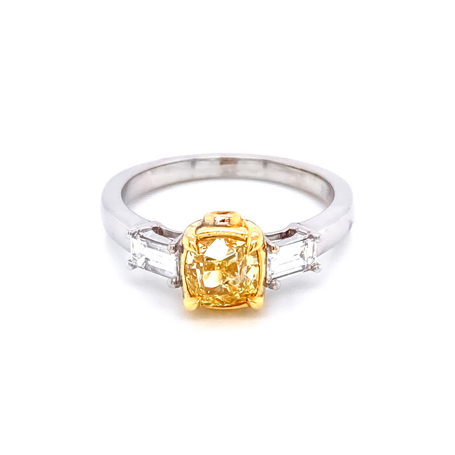 1.00 Ct Cushion Cut Fancy Yellow Diamond Ring with Side Stones