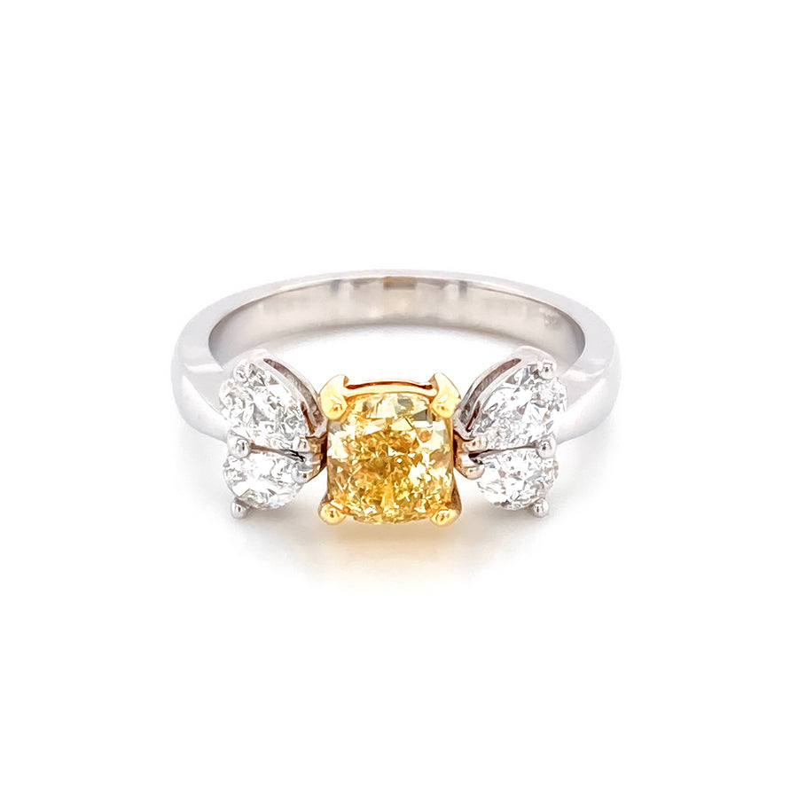 1.01 Ct Cushion Cut Fancy Yellow Diamond Ring with Side Stones