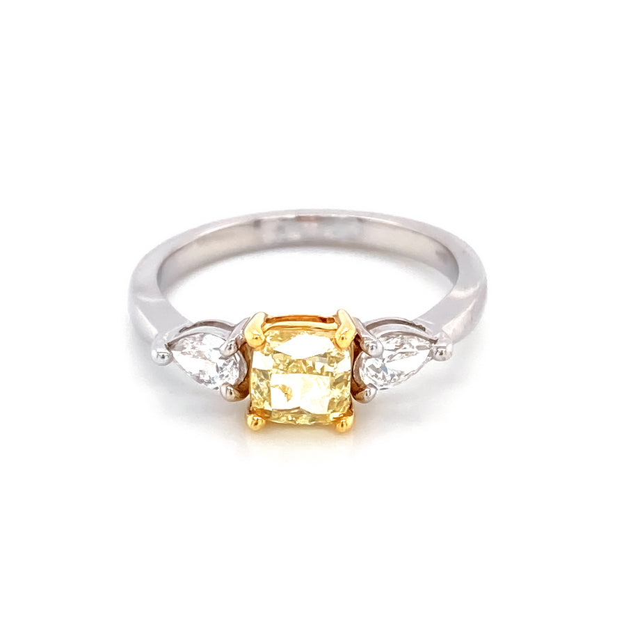 1.01 Ct Cushion Cut Fancy Yellow Diamond Ring with Side Stones