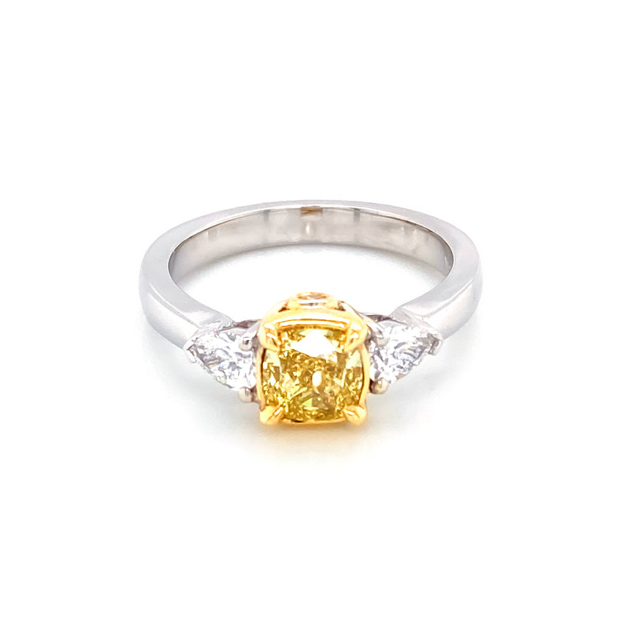 1.01 Ct Cushion Cut Fancy Yellow Diamond Ring with Side Stones