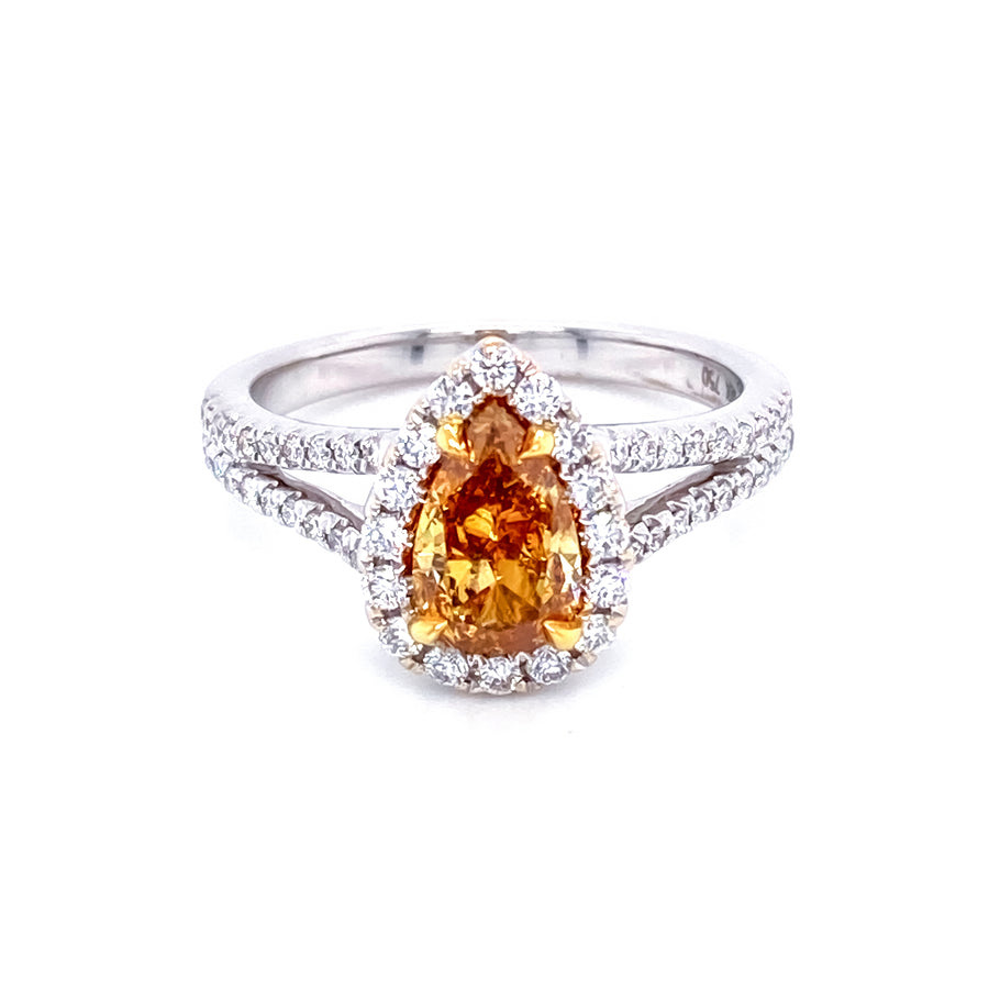 1.02 Ct Pear Shape Fancy Yellow Diamond Halo Ring